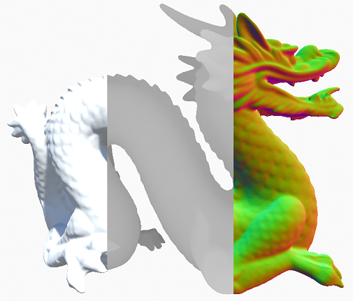 From left to right: the scene render target, depth buffer, and surface normals.